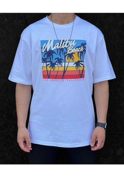 Flood Of Style Erkek Açık Mavi Malıbu Beach Baskılı Oversize Bisiklet Yaka Tshirt Lacivert