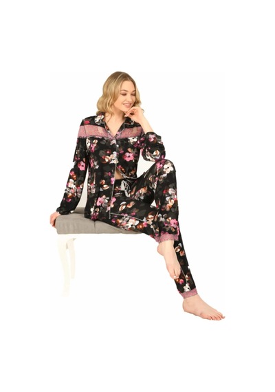 Jiber Kadın Viskon Önü Düğmeli Desenli Kışlık Pijama Takımı 3903 - 1 Adet 001