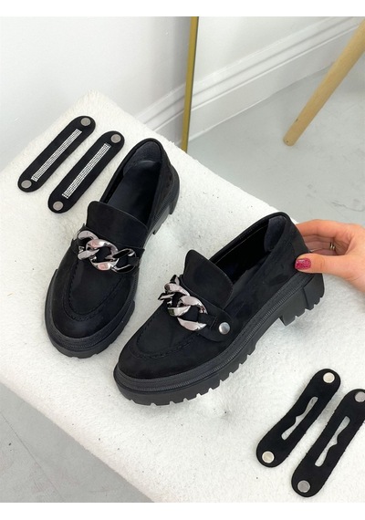Siyah Süet (Fabio) Üç Tokalı Kadın Loafer Siyah