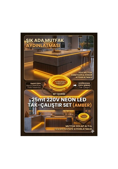 25 Metre Amber 220v Neon Led Şerit ,tak Çalıştır Set, Fişli Esnek Şerit Led, ,turuncu Led,mutfak,tezgah Ledi, Neon Led Şerit Işık ,ambiyans Işık Havuzu, Balkon, Teras Ve Ev İçin Dekoratif Led