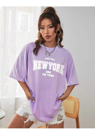 Noıssey Mor New York Baskılı Oversize Unisex