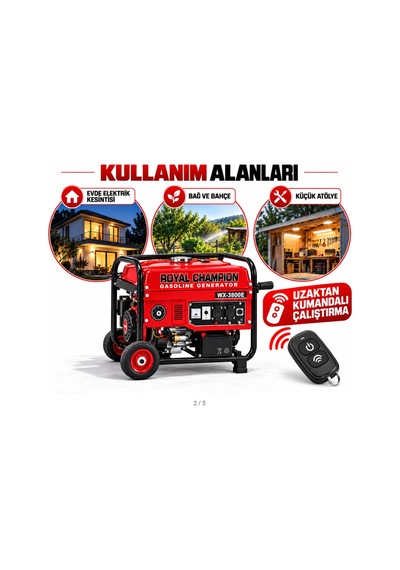 Algaride Royal Champion Wx-3800e 3,8 Kw Benzinli Jeneratör Uzaktan Kumandalı Marşlı Ve İpli 220 V Monofaze Tekerlekli