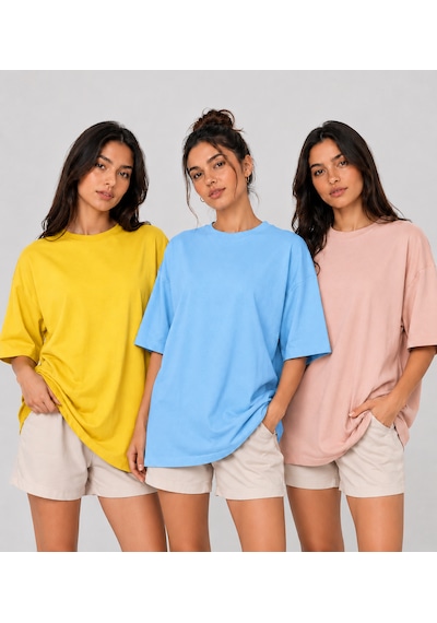Polymood 3'lü Set Oversize %100 Organik Pamuk Yuvarlak Yakalı Bol Kesim T-shirt Sarı-mavi-pudra Polymood 3'lü Set Oversize %100 Organik Pamuk Yuvarlak Yakalı Bol Kesim T-shirt Sarı-mavi-pudra