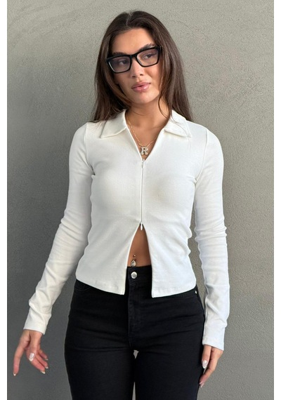 Beyaz Polo Yaka Çift Fermuarlı Slim Fit Kadın Body Mg2652 Beyaz