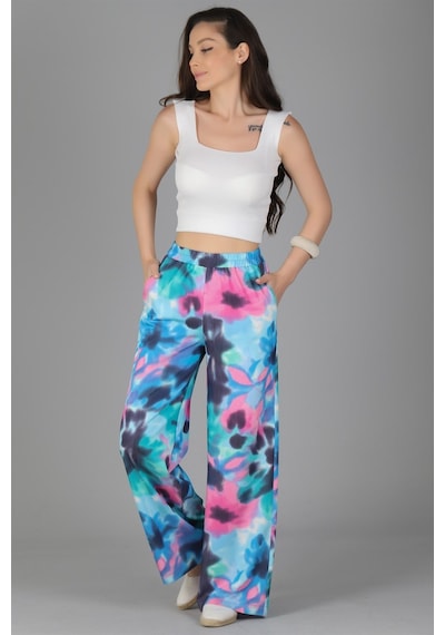 Sweetness Kadın Batik Desenli Bol Paça Beli Lastikli Pantolon Mavi