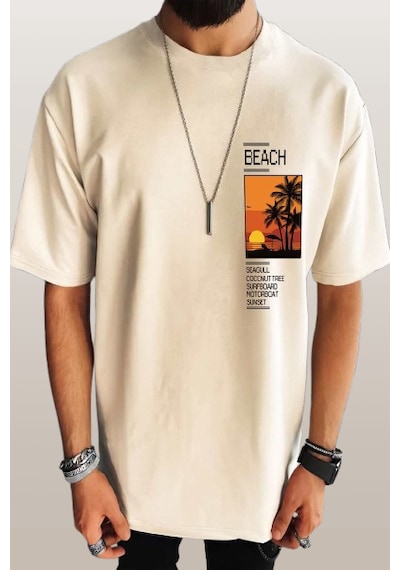 Uyguntarz Beach Baskılı Oversize Erkek Tshirt - Bej