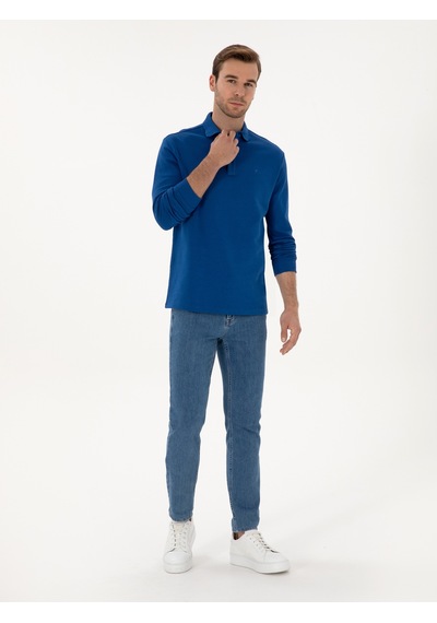 İndigo Regular Fit %100 Pamuk 3 İplik Polo Yaka Sweatshirt Mavi
