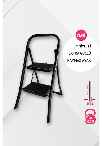 Portalife 2 Basamaklı Siyah Çelik Merdiven Ekstra Güvenli & Ultra İnce Katlanabilir Tasarım