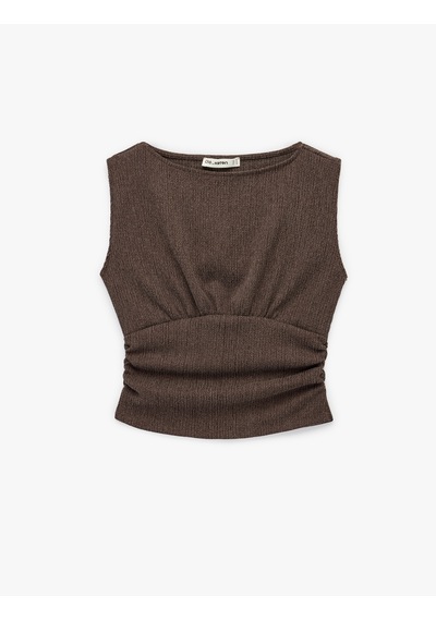 Koton Büzgülü Kayık Yaka Slim Fit Bürümcük Kolsuz Bluz Kahverengi 6sal30170ık Kahve