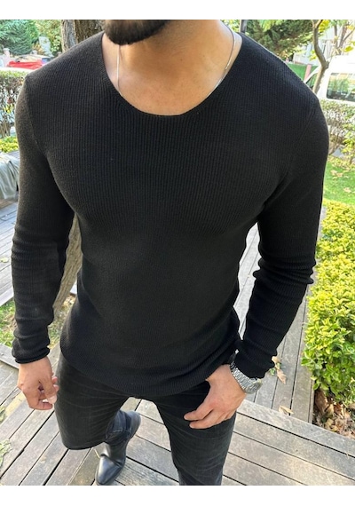 Elku Moda Kazak Örme Tüylenmez Naturel Pamuk Kazak Slim Fit Triko Dar Kesim Body Kazak Siyah