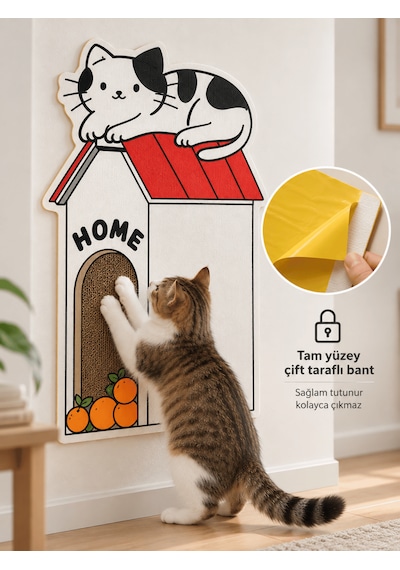 Beylini Dekoratif Kedi Tırmalama Halısı Yapışkanlı Duvar Tipi Baskılı Kedi Tırmalama Matı Mobilya Duvar Koruyucu