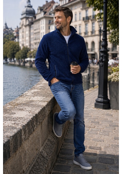 Luxıc Core Erkek Peluş Mont Slim Fit Dik Yaka Fermuarlı Cepli Günlük Spor Ceket Lacivert
