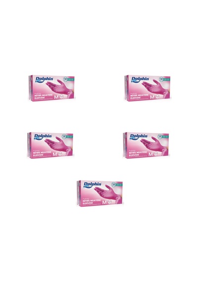 Dolphin Tek Kullanımlık Pembe Nitril Eldiven - Muayne Eldiveni Medium Orta Boy - 100'lü 5 Paket