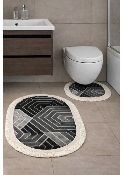 Kaymaz Tabanlı 2 Li Banyo Paspas Seti Yıkanabilir, Su Emici, Toz & Leke Tutmaz Oval Klozet Takımı Kahve - Krem