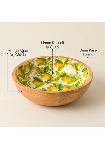 Mango Ağacı Kase 25 Cm, Limon Desenli Geniş Salata Ve Servis Kasesi, 10 Cm Yükseklik, Dekoratif Ahşap Sunum Kasesi Diğer