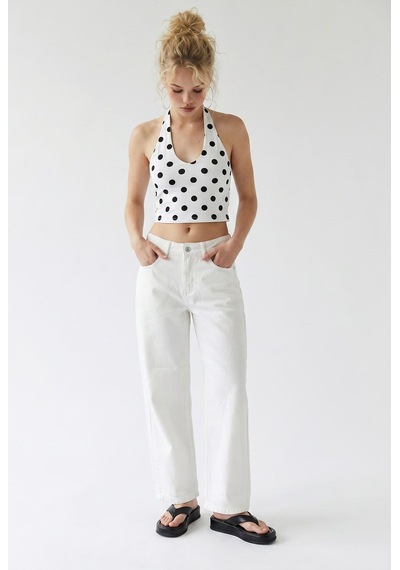 Mixray 2128 Kadın İnce Mevsimlik Yüksek Bel Wide Leg Denim Pantolon Beyaz
