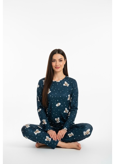 Bisiklet Yaka Süet Pijama Takımı 6003 Ayıcıklı Lacivert