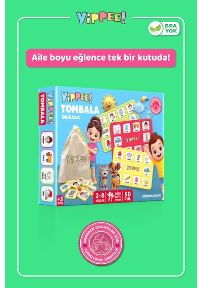 Çocuk Tombala İngilizce Temalı Ham Bez Kese 8 Tabla 50 Pul 60 Parça