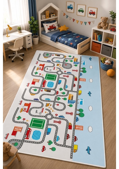 STY Home Trafik Çocuk Oyun Halısı Kaymaz Makinede Yıkanabilir Eğitici Bebek Ve Çocuk Odası Halısı Oyun70 Mavi