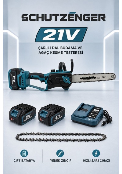 Şarjlı Dal Budama Ağaç Odun Kesme Makinesi Çift Akülü 10 Pilli Batarya 10 Inç Otomatik Yağlama Mavi T10n