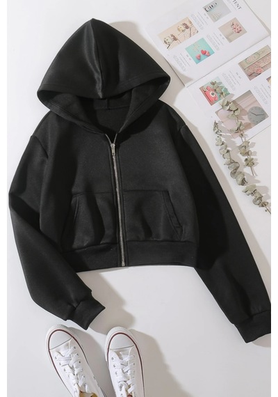 Cool Tarz Kadın Kapüşonlu Şardonlu Siyah Renk Crop Sweatshirt Siyah Siyah