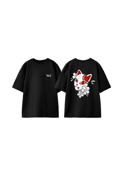 Thewert Tanjiro Mask Tasarım Sırt Baskılı Pamuk Siyah Oversize T-shirt