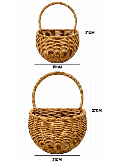 2 Adet Hasır Duvar Sepeti - Bir Tarafı Düz Hasır Rattan Duvar Saksısı - Yüksek Kaliteli Çelik Hasır - Tutma Sapı Ve Duvar Aparatı