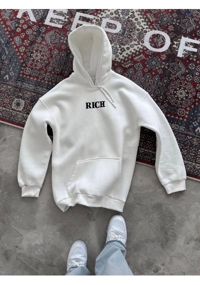 Efnaz Style Uzun Kol Kapşonlu Göğüs Baskılı Sweatshirt - Beyaz