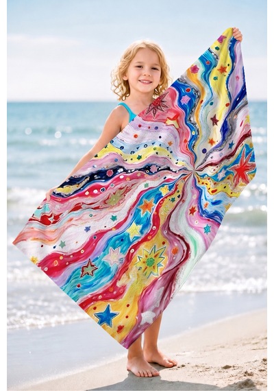 Renkli Yıldızlı Soyut Sanatsal Plaj Havlusu - Galaksi Esintili Pastel Hızlı Kuruyan Mikrofiber Havlu Sisli Bulut
