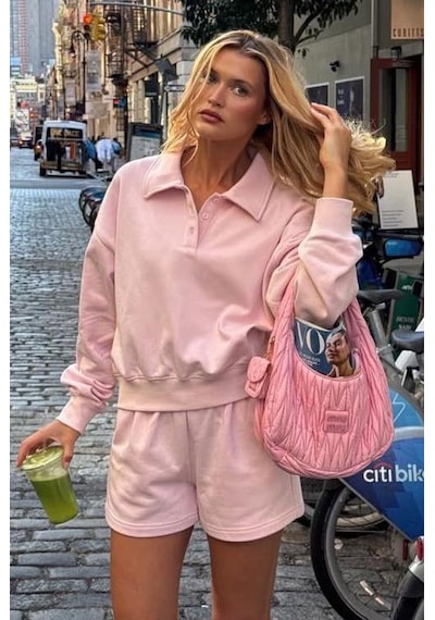 Madmext Pembe Polo Yaka Kadın Şort Sweatshirt Takım Mg2375