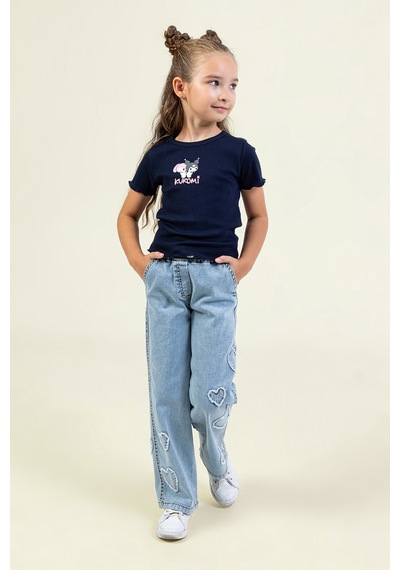 Bellamio Kids Kalp Nakışlı Beli Lastikli Kız Çocuk Kot Pantolon