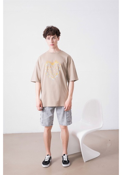 Flood Of Style Unisex Kemik Kalp Taş Tshirt Gri