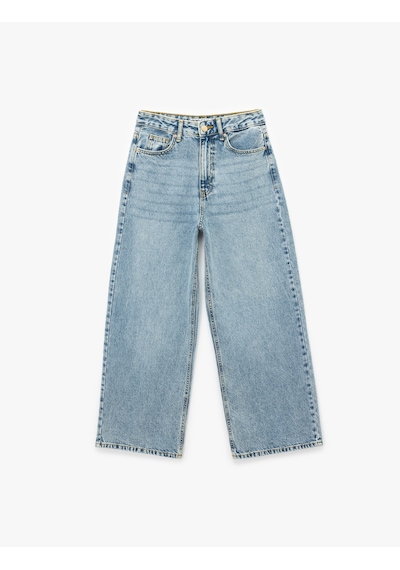 Koton Pamuklu Düğmeli Cepli Normal Bel Crop Geniş Paça Jean Pantolon - Wide Leg Jean Açık İndigo 5sal40020md Açık İndigo