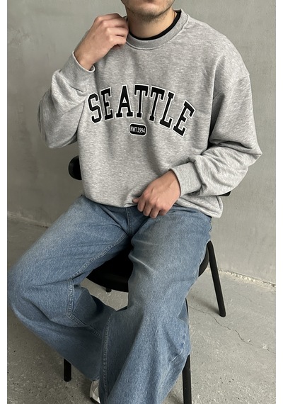 Erkek Seattle Baskılı Oversize Sweatshirt Gri