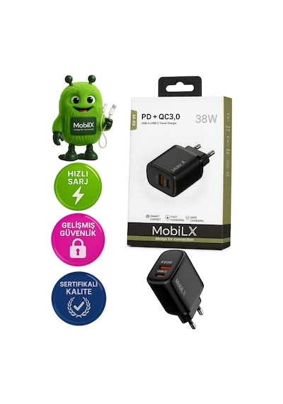Mobilx M-02 38w Çift Portlu Pd + Qc 3.0 Hızlı Şarj Adaptörü Usb-a & Type-c