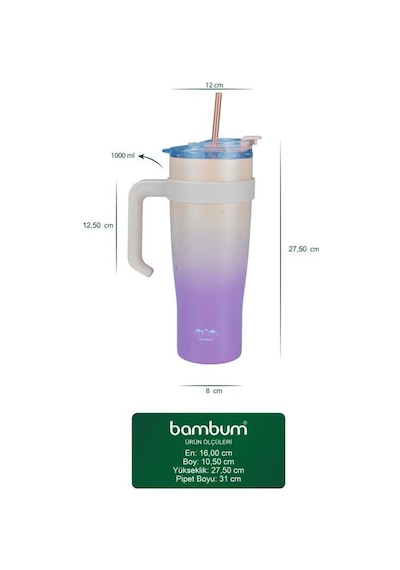 Bambum Horizon - Pipetli Termos Bardak Pembe 1000ml Pembe