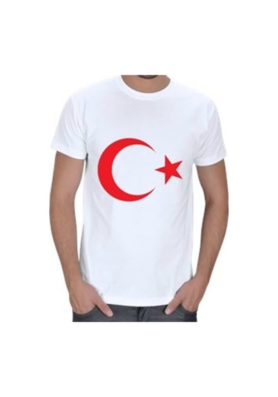 Erabaskı Erkek Beyaz Ayyıldız Baskılı Tişört Beyaz