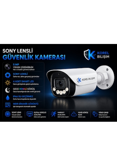 Korel Bilişim 8 Kameralı 5mp Sony Lensli Gece Renkli Güvenlik Kamerası Seti 2000 Gb Hdd