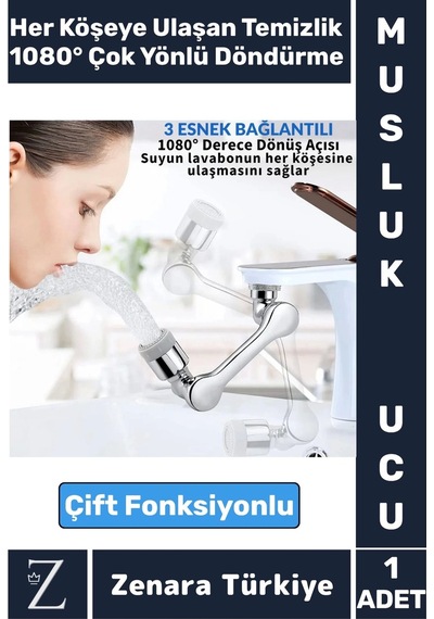 Kolay Montaj Metal Görünümlü 1080 Derece Dönebilen Çift Modlu Su Akışı Akrobat Musluk Ucu Başlığı