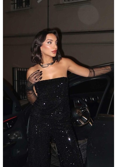 Ckm Moda Rubina Payetli Straplez Bluz Siyah