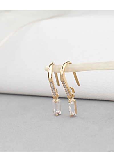 Brezza Lusso Jewelry 18k Serie Oro Baget Taşlı Çengel Asma Minimal Gümüş Küpe