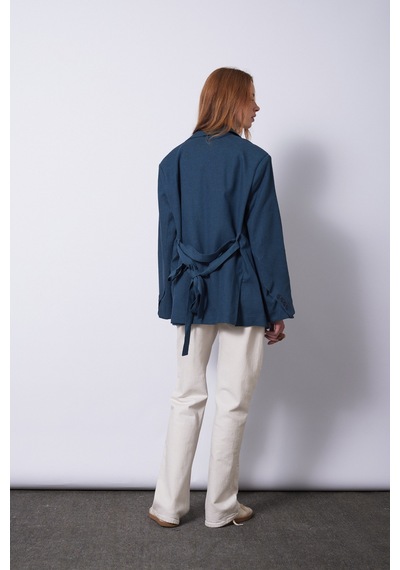 Keten Karışımlı Kuşaklı Blazer Ceket Indıgo