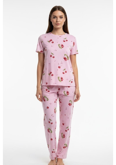 Kompedan Kadın Bisiklet Yaka Yumuşak Dokulu Büyük Kiraz Desenli Kısa Kol Pijama Takım Pembe 70132-4668