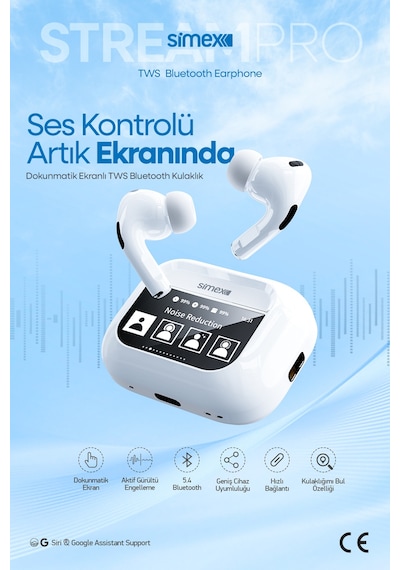 Simex Stream Pro Dijital Dokunmatik Ekranlı ANC/ENC Bluetooth 5.4 Kulak İçi Kulaklık