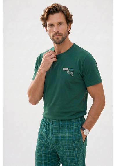 Tudors Erkek Standart Fit Normal Kesim Pamuklu Bisiklet Yaka Kısa Kollu Lastikli Yeşil Pijama Takımı-51140