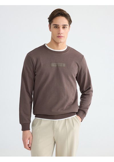 Lcwaıkıkı Classic Kahverengi Bisiklet Yaka Baskılı Erkek Sweatshirt