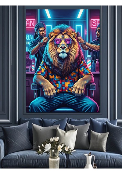Ahşap Tablo Neon Gözlüklü Aslan Portresi