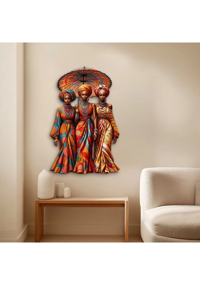Şemsiye Altında Üç Afrikalı Kadın - Metal Tablo - Dec0272 62 X 95 Cm Çok Renkli