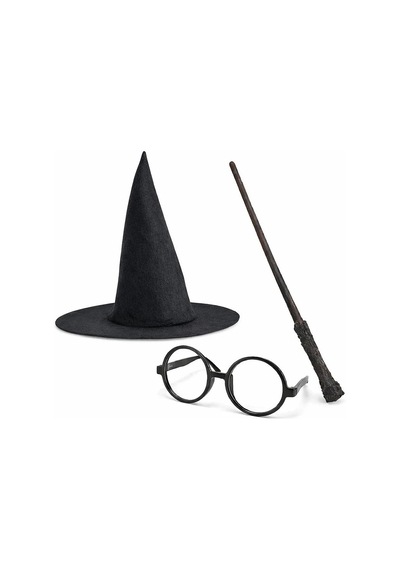 Ers Harry Potter Tarzı Çocuk Seti Siyah Keçe Şapka, Asa, Gözlük Çok Renkli