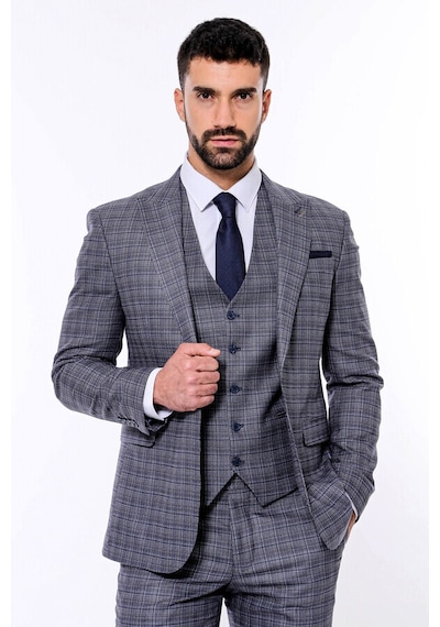 Wessi Ekose Desenli Yelekli Slim Fit Lacivert Takım Elbise Lacivert